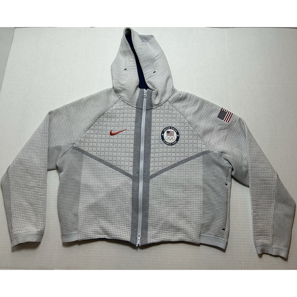 Nike Team USA Olympic Jacket Womens Large Grey Full Zip Hooded Knit Crop EUC